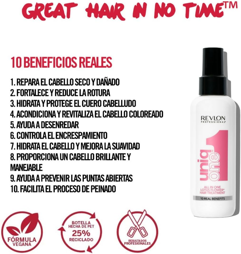 REVLON PROFESSIONAL UniqOne All in One Protector Térmico Pelo, Hidratación Profunda Cabello, Tratamiento en Spray sin Aclarado, Desenredante Pelo Mujer, Fragrancia Classic 150 ml