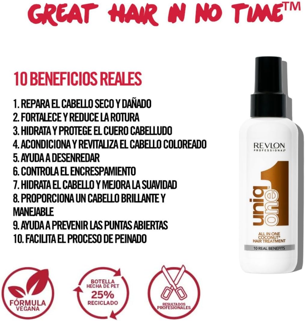 REVLON PROFESSIONAL UniqOne All in One Protector Térmico Pelo, Hidratación Profunda Cabello, Tratamiento en Spray sin Aclarado, Desenredante Pelo Mujer, Fragrancia Classic 150 ml