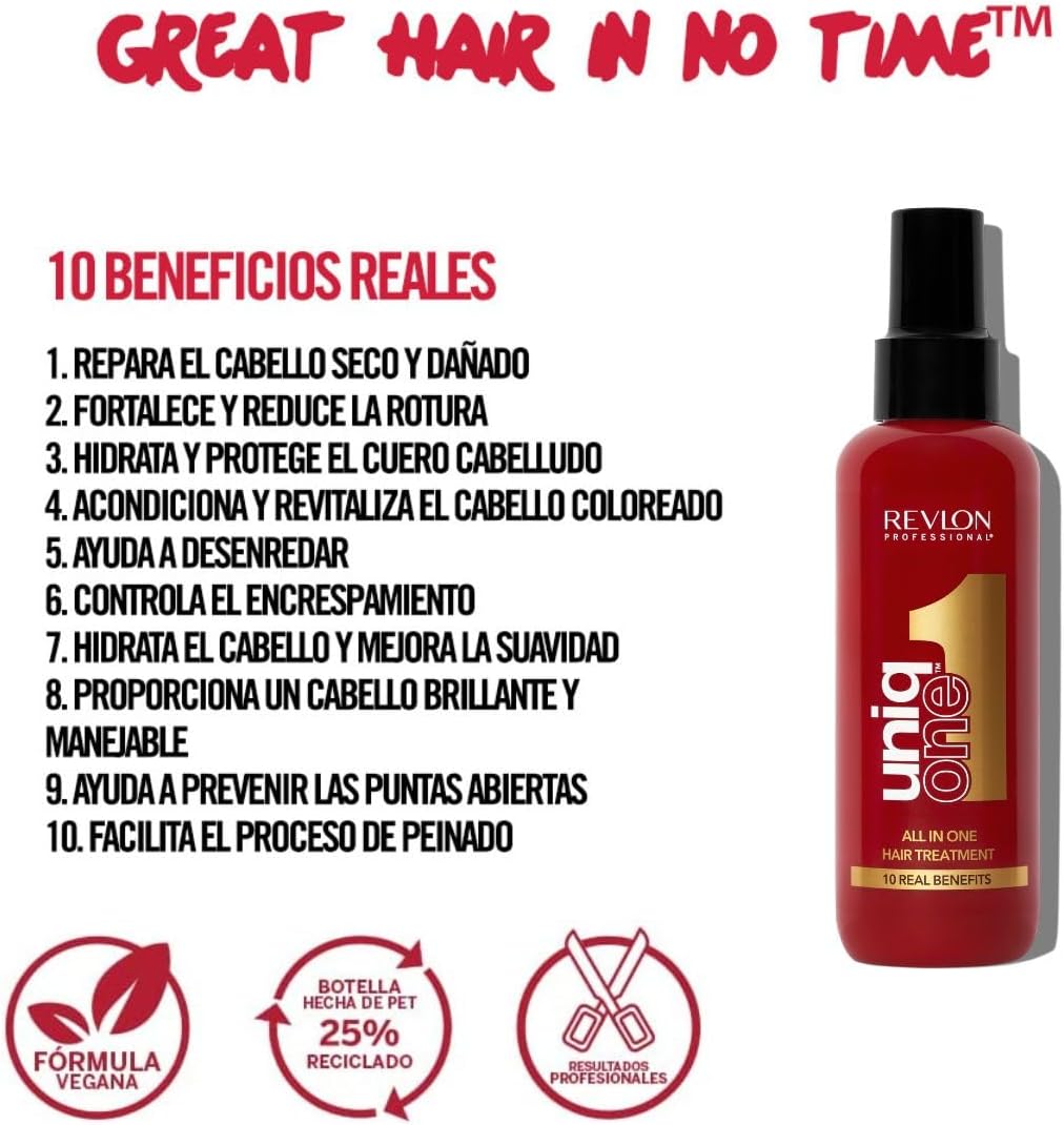 REVLON PROFESSIONAL UniqOne All in One Protector Térmico Pelo, Hidratación Profunda Cabello, Tratamiento en Spray sin Aclarado, Desenredante Pelo Mujer, Fragrancia Classic 150 ml