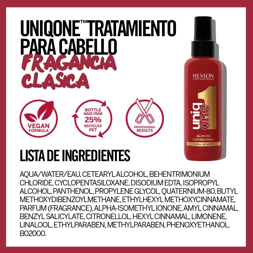 REVLON PROFESSIONAL UniqOne All in One Protector Térmico Pelo, Hidratación Profunda Cabello, Tratamiento en Spray sin Aclarado, Desenredante Pelo Mujer, Fragrancia Classic 150 ml