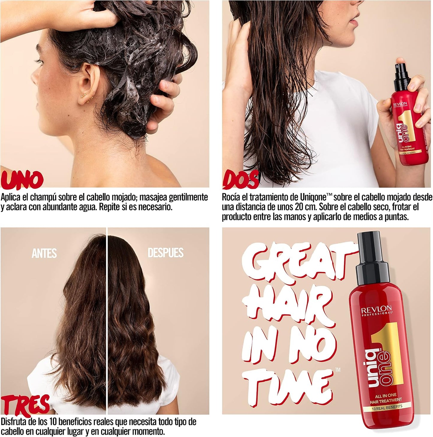 REVLON PROFESSIONAL UniqOne All in One Protector Térmico Pelo, Hidratación Profunda Cabello, Tratamiento en Spray sin Aclarado, Desenredante Pelo Mujer, Fragrancia Classic 150 ml