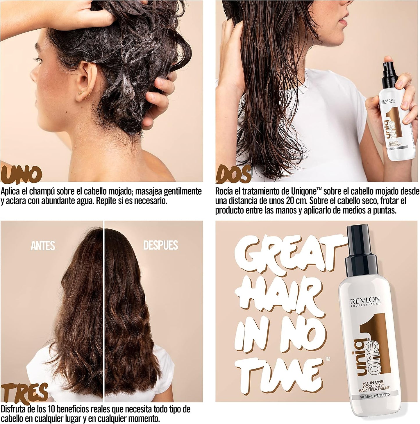 REVLON PROFESSIONAL UniqOne All in One Protector Térmico Pelo, Hidratación Profunda Cabello, Tratamiento en Spray sin Aclarado, Desenredante Pelo Mujer, Fragrancia Classic 150 ml