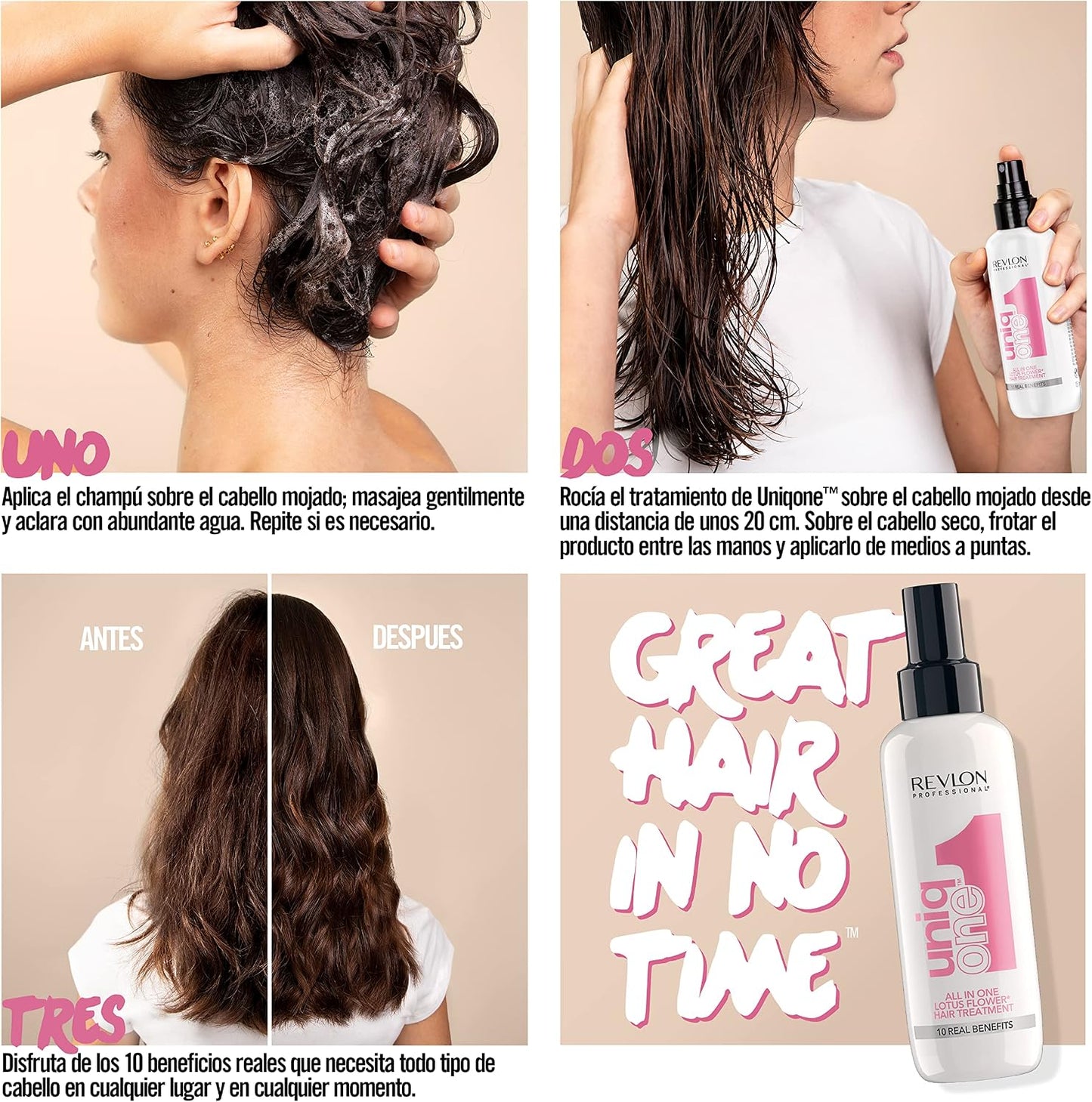 REVLON PROFESSIONAL UniqOne All in One Protector Térmico Pelo, Hidratación Profunda Cabello, Tratamiento en Spray sin Aclarado, Desenredante Pelo Mujer, Fragrancia Classic 150 ml